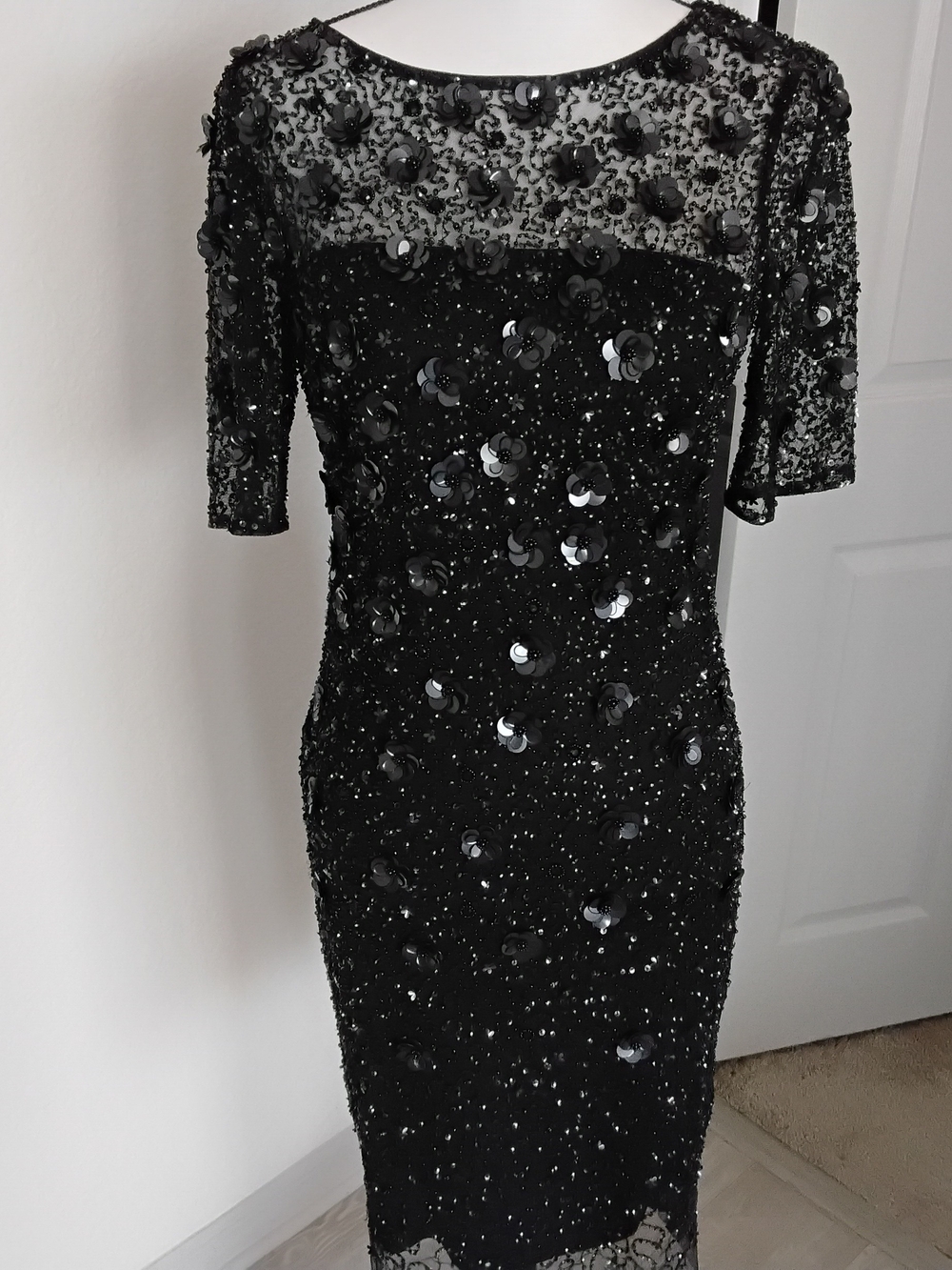 Adrianna Papell Black Sequin Midi Dress with Floral Appliqués